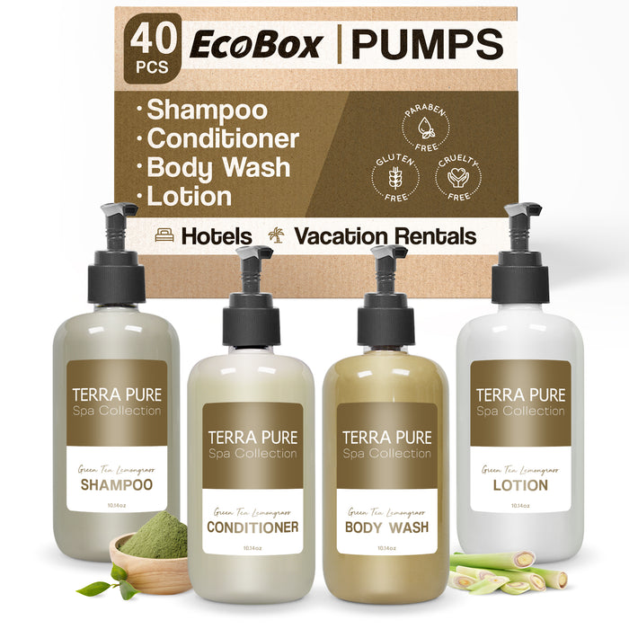 A 40 Piece EcoBox All-in-Kit of our Terra Pure Spa Collection 10.14 oz. 300 ml Bottles--12 Shampoos, 8 Conditioners, 12 Body Washes, & 8 Lotions.