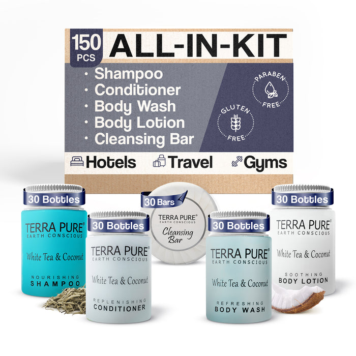 Terra Pure White Tea and Coconut Hotel Soaps and Toiletries Bulk Set | 1-Shoppe All-In-Kit for Hotels | 1oz Shampoo & Conditioner, Body Wash, Lotion & 1.25oz Bar Soap | Travel Size Toiletries 150 Pieces