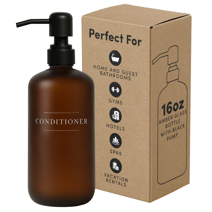 Amber Glass Conditioner Bottle | 16 oz Refillable Wall Mount Liquid Soap Dispenser with Waterproof Label for every Bathroom | Single Product by Diversified Hospitality Solutions