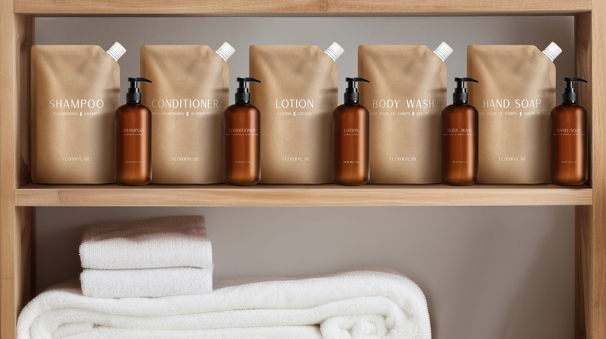 HostGPO Starter Set - Custom HostGPO 300 ml/10.14 oz Pump Bottles; Includes 2 Shampoo, 2 Conditioner, 2 Body Wash, 2 Lotion and 4 Hand Soap and 1L Refill Pouches: Includes 3 Shampoo, 1 Conditioner, 1 Lotion, 3 Body Wash and 4 Hand Soap