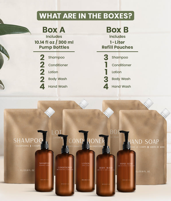 HostGPO Starter Set - Custom HostGPO 300 ml/10.14 oz Pump Bottles; Includes 2 Shampoo, 2 Conditioner, 2 Body Wash, 2 Lotion and 4 Hand Soap and 1L Refill Pouches: Includes 3 Shampoo, 1 Conditioner, 1 Lotion, 3 Body Wash and 4 Hand Soap