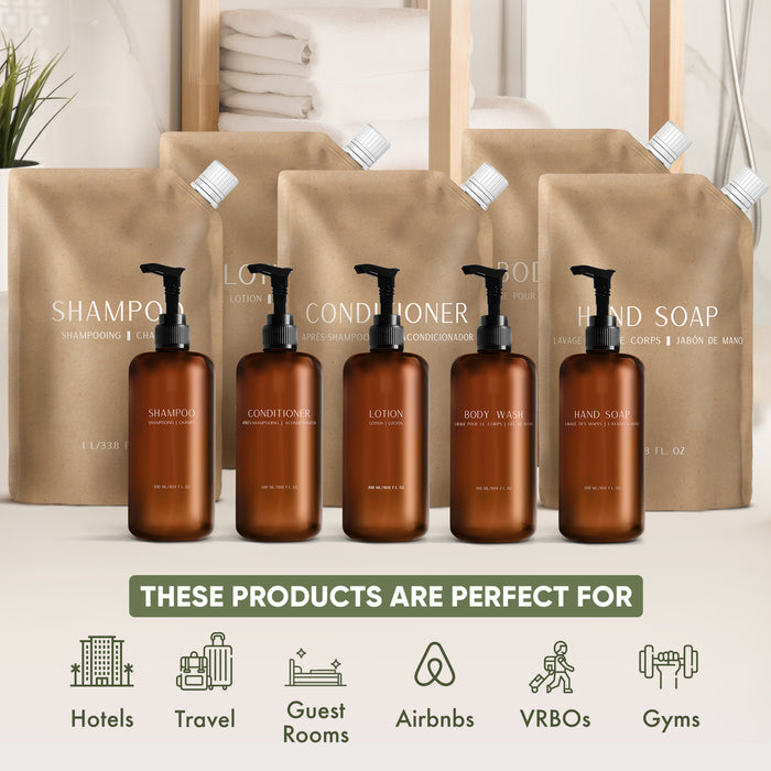 HostGPO Starter Set - Custom HostGPO 300 ml/10.14 oz Pump Bottles; Includes 2 Shampoo, 2 Conditioner, 2 Body Wash, 2 Lotion and 4 Hand Soap and 1L Refill Pouches: Includes 3 Shampoo, 1 Conditioner, 1 Lotion, 3 Body Wash and 4 Hand Soap