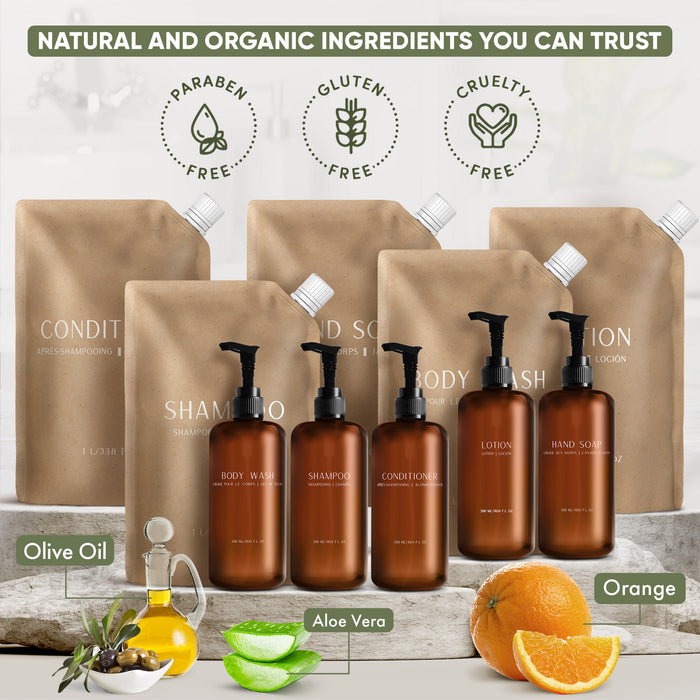 HostGPO Starter Set - Custom HostGPO 300 ml/10.14 oz Pump Bottles; Includes 2 Shampoo, 2 Conditioner, 2 Body Wash, 2 Lotion and 4 Hand Soap and 1L Refill Pouches: Includes 3 Shampoo, 1 Conditioner, 1 Lotion, 3 Body Wash and 4 Hand Soap