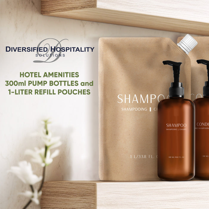 HostGPO Starter Set - Custom HostGPO 300 ml/10.14 oz Pump Bottles; Includes 2 Shampoo, 2 Conditioner, 2 Body Wash, 2 Lotion and 4 Hand Soap and 1L Refill Pouches: Includes 3 Shampoo, 1 Conditioner, 1 Lotion, 3 Body Wash and 4 Hand Soap