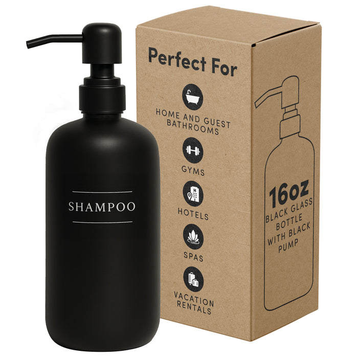 Black Glass Shampoo Bottle | 16 oz Refillable Wall Mount Liquid Soap Dispenser with Waterproof Label for every Bathroom | Single Product by Diversified Hospitality Solutions