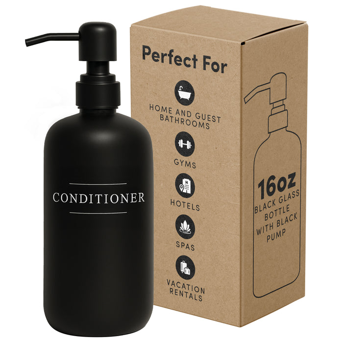 Black Glass Conditioner Bottle | 16 oz Refillable Wall Mount Liquid Soap Dispenser with Waterproof Label for Every Bathroom | Single Product by Diversified Hospitality Solutions