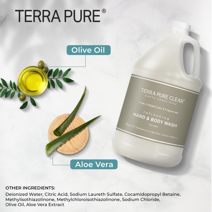 Terra Pure Clear Color and Fragrance Free Gallon Size Hand & Body Wash (1 Case)