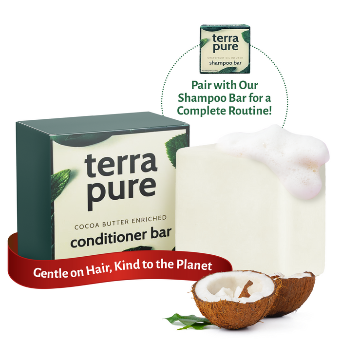 Terra Pure Conditioner Bar | Cocoa Butter Enriched by 1-Shoppe | Plastic Free, Soap Free, Vegan, Plant Based, Sustainable, Eco-Friendly, & Zero Waste