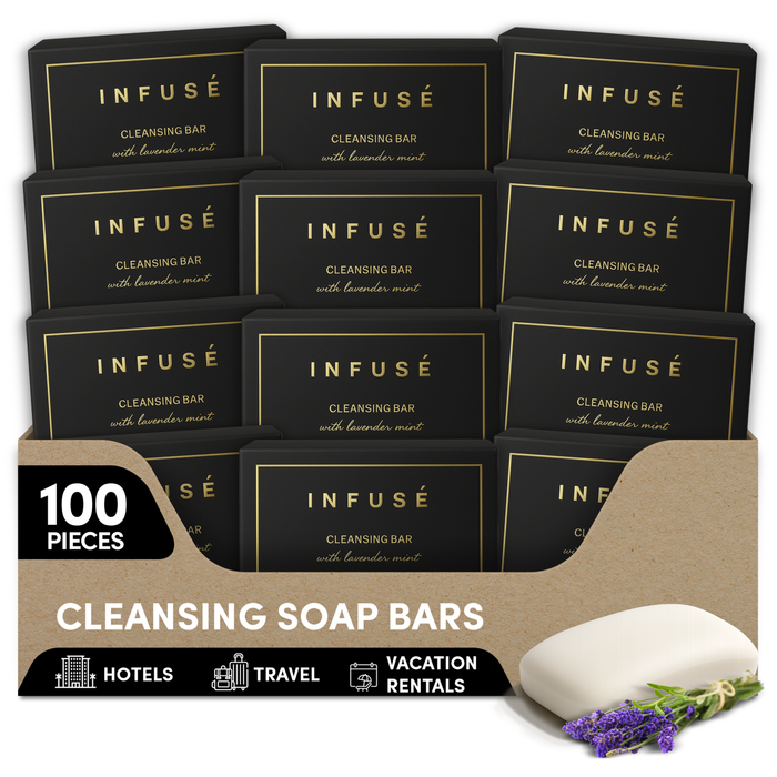 Infuse Black Hotel Toiletries Bulk, Amenities for Guest Hospitality, Motel, AirBnB, Gym, Luxury, Airport | Hotel Soap | Travel Size Toiletries Bulk Set for Airbnb Essentials | 50 gram Boxed Cleansing Bar Soap | 100 Pieces