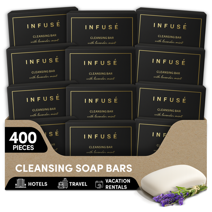 Infuse Black Hotel Toiletries Bulk, Amenities for Guest Hospitality, Motel, AirBnB, Gym, Luxury, Airport | Hotel Soap | Travel Size Toiletries Bulk Set for Airbnb Essentials | 20 gram  Cleansing Bar Soap | 400 Pieces