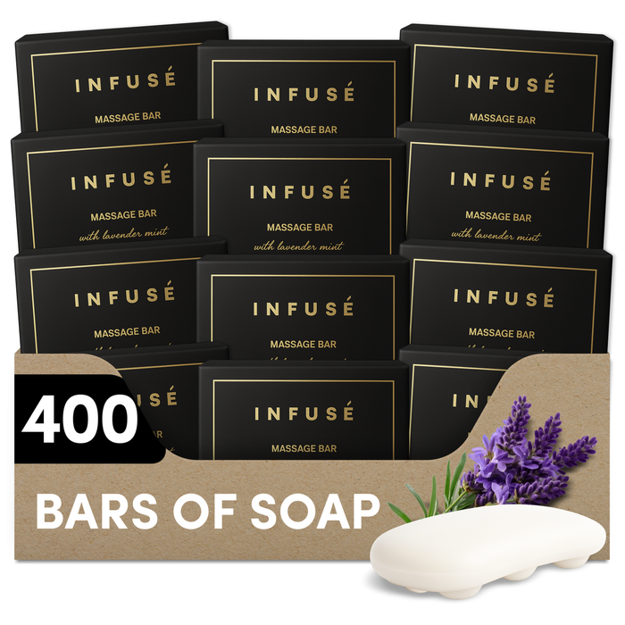 Infuse Black Hotel Toiletries Bulk, Amenities for Guest Hospitality, Motel, AirBnB, Gym, Luxury, Airport | Hotel Soap | Travel Size Toiletries Bulk Set for Airbnb Essentials | 40 gram Boxed Massage Bar Soap | 400 Pieces