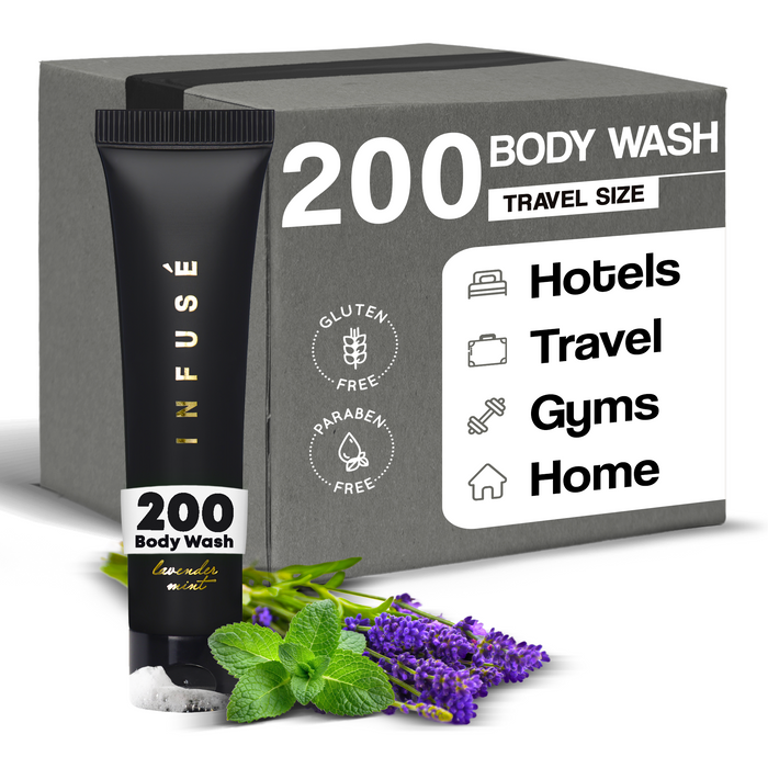 Infuse Black Hotel Toiletries Bulk, Amenities for Guest Hospitality, Motel, AirBnB, Gym, Luxury, Airport | Travel-Size Hotel Body Wash 1 oz (Case of 200)