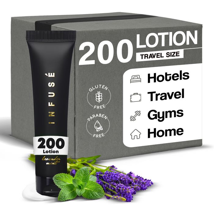 Infuse Black Hotel Toiletries Bulk, Amenities for Guest Hospitality, Motel, AirBnB, Gym, Luxury, Airport | Travel-Size Hotel Lotion 1 oz (Case of 200)