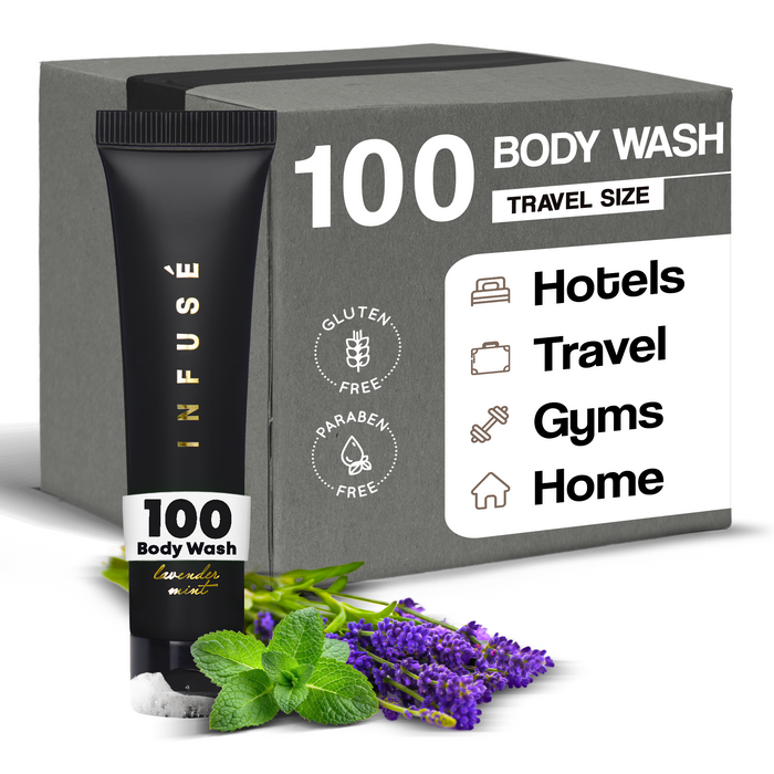 Infuse Black Hotel Toiletries Bulk, Amenities for Guest Hospitality, Motel, AirBnB, Gym, Luxury, Airport | Travel-Size Hotel Body Wash 1 oz (Case of 100)