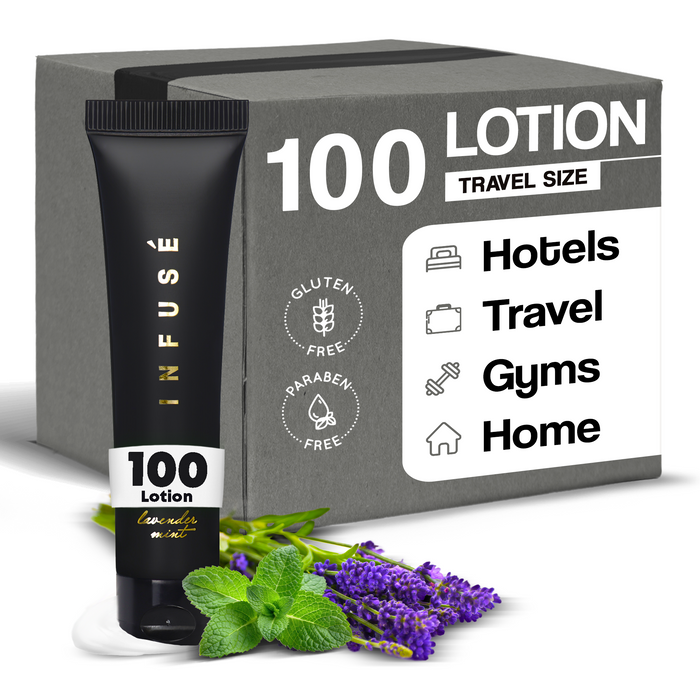 Infuse Black Hotel Toiletries Bulk, Amenities for Guest Hospitality, Motel, AirBnB, Gym, Luxury, Airport | Travel-Size Hotel Lotion 1 oz (Case of 100)