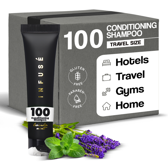 Infuse Black Hotel Toiletries Bulk, Amenities for Guest Hospitality, Motel, AirBnB, Gym, Luxury, Airport | Travel-Size Hotel Conditioning Shampoo 1 oz (Case of 100)