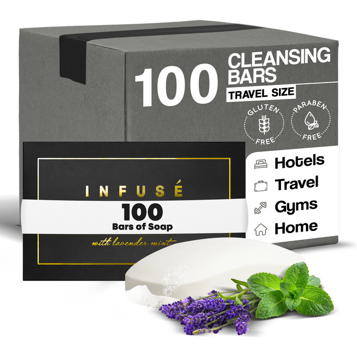 Infuse Black Hotel Toiletries Bulk, Amenities for Guest Hospitality, Motel, AirBnB, Gym, Luxury, Airport | Hotel Soap | Travel Size Toiletries Bulk Set for Airbnb Essentials | 50 gram Boxed Cleansing Bar Soap | 100 Pieces