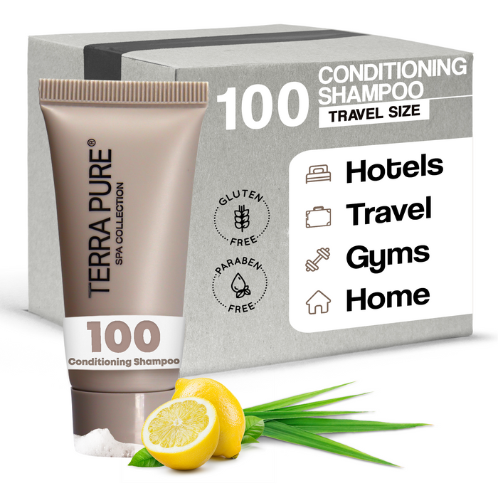 Terra Pure Spa Collection Bulk Set Toiletries | Amenities for Guest Hospitality, Vacation Rental Properties, AirBnBs, Gyms|Luxury Travel-Size Hotel Conditioning Shampoo 0.85 oz Tubes (Case of 100)