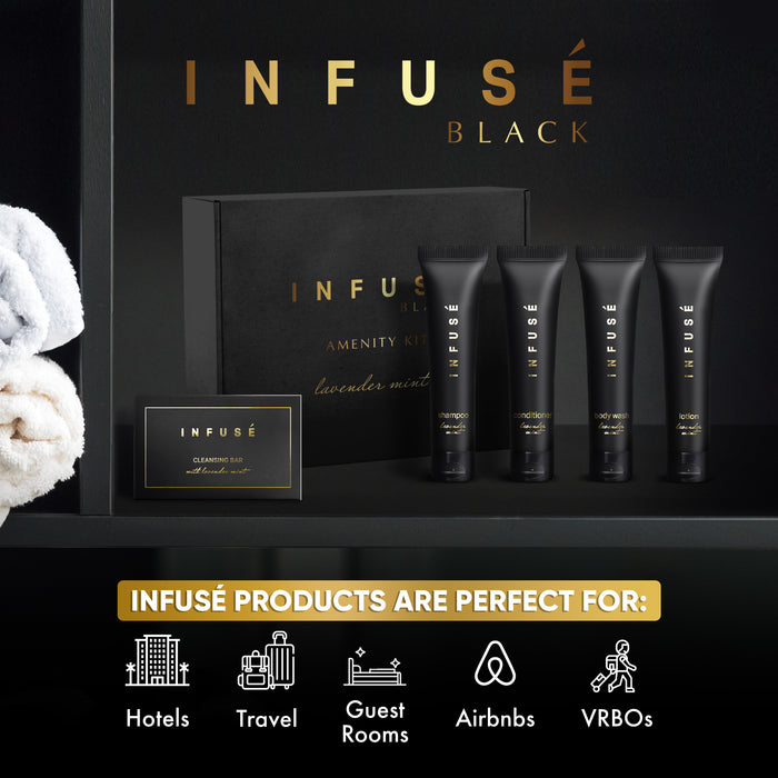 Infuse Black Amenity Kit | Boxed Hotel Toiletries | Bulk Set 1 oz Travel Size Shampoo, Conditioner, Lotion, Body Wash & Cleansing Bar for Guest Hospitality AirBnB/Vacation Rentals | 60 sets per case