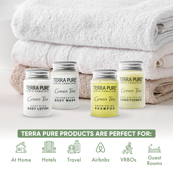 Terra Pure Green Tea 1.0 oz. Toiletries Set | 1-Shoppe All-In-Kit Amenities For Hotels, Airbnb & Rentals | Hotel Shampoo & Conditioner, Body Wash, Body Lotion | 80 Piece Travel Set