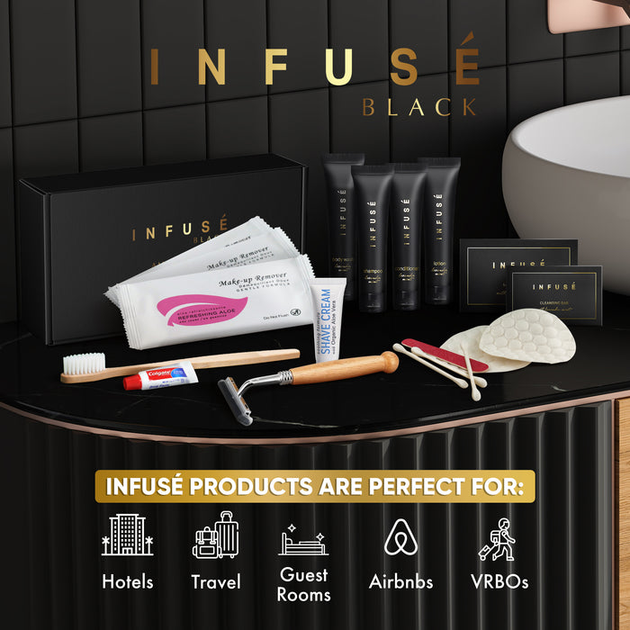 Infuse Black Amenity & Accessory Kit | 1 oz Travel Size Shampoo, Conditioner, Lotion, Body Wash, Body Bar, 2 Cleansing Bar, Shave & Dental Sets, Make-Up Remover Wipes, & Vanity Kit | 60 sets per case