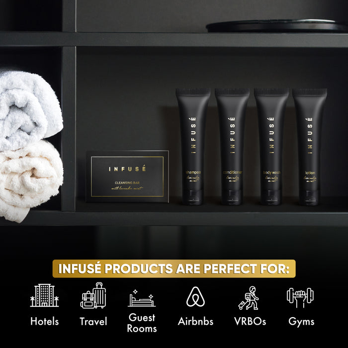 Infuse Black Hotel Soaps and Toiletries Bulk Set | 1-Shoppe All-In-Kit Amenities for Hotels & Airbnb | 1 oz Hotel Shampoo & Conditioner, Body Wash, Lotion & 1.25 oz Cleansing Bar Travel Size | 75 Pieces
