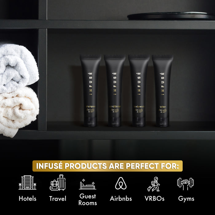 Infuse Black Hotel Soaps and Toiletries Bulk Set | 1-Shoppe All-In-Kit Amenities for Hotels & Airbnb | 1 oz Hotel Shampoo & Conditioner, Body Wash & Lotion Travel Size | 80 Pieces