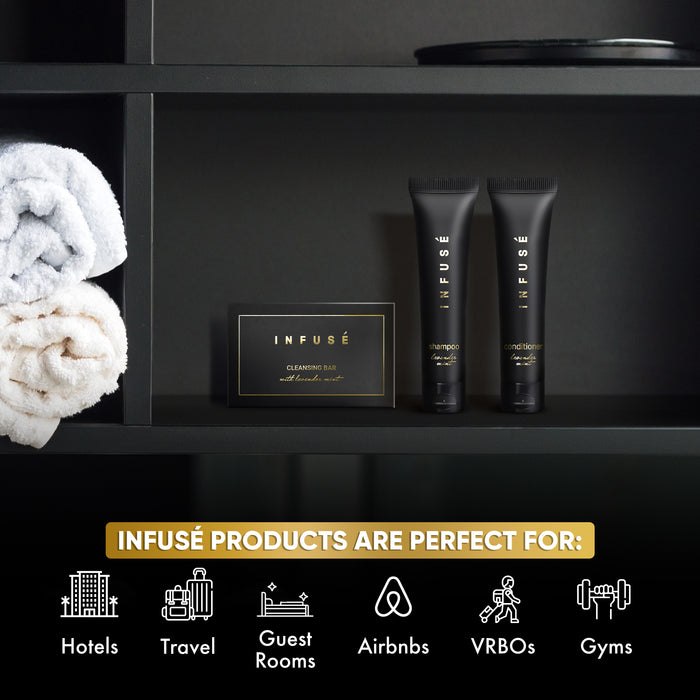 Infuse Black Hotel Soaps and Toiletries Bulk Set | 1-Shoppe All-In-Kit Amenities for Hotels & Airbnb | 1 oz Hotel Shampoo & Conditioner,  1.25 oz Cleansing Bar Travel Size | 150 Pieces