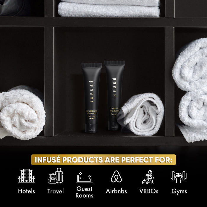 Infuse Black Hotel Toiletries Bulk, Amenities for Guest Hospitality, Motel, AirBnB, Gym, Luxury, Airport | Travel-Size Hotel Conditioning Shampoo 1 oz (Case of 100)