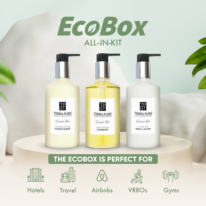 A 15 Piece EcoBox All-in-Kit of our Terra Pure Green Tea 10.14 oz. 300 ml Bottles--6 Shampoos, 3 Conditioners, & 6 Body Washes