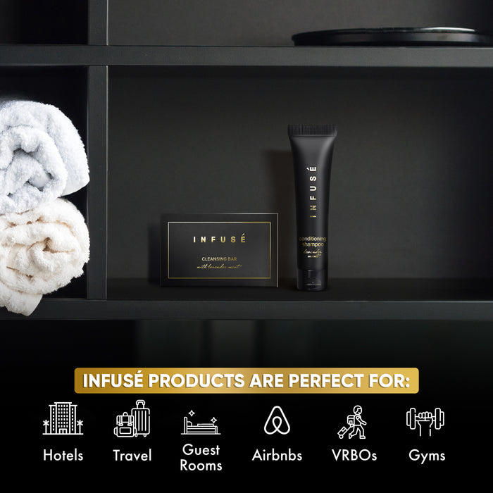 Infuse Black Hotel Soaps and Toiletries Bulk Set | 1-Shoppe All-In-Kit Amenities for Hotels & Airbnb | 1 oz Hotel Cleansing Bar and Conditioning Shampoo Travel Size | 100 Pieces