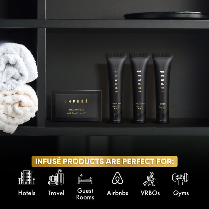 Infuse Black Hotel Soaps and Toiletries Bulk Set | 1-Shoppe All-In-Kit Amenities for Hotels & Airbnb | 1 oz Hotel Shampoo & Conditioner, Lotion, 1.25 oz Bar Soap Travel Size | 200 Pieces