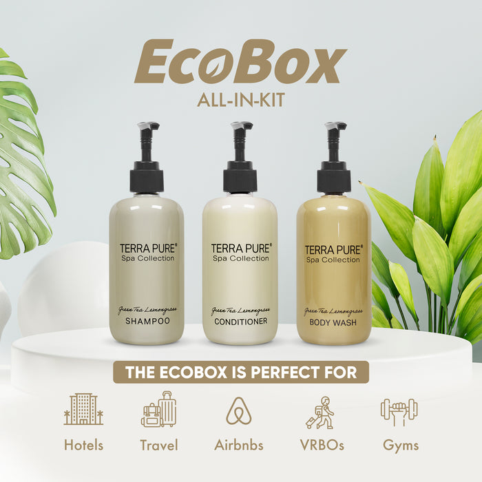 A 15 Piece EcoBox All-in-Kit of our Terra Pure Spa Collection 10.14 oz. 300 ml Bottles--6 Shampoos, 3 Conditioners, & 6 Body Washes