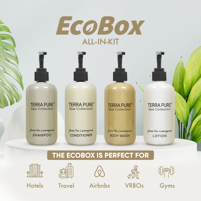 A 40 Piece EcoBox All-in-Kit of our Terra Pure Spa Collection 10.14 oz. 300 ml Bottles--12 Shampoos, 8 Conditioners, 12 Body Washes, & 8 Lotions.