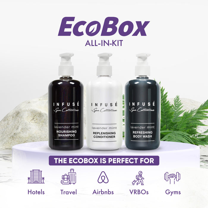 A 15 Piece EcoBox All-in-Kit of our Infuse Lavender Mint 10.14 oz. 300 ml Bottles--6 Shampoos, 3 Conditioners, & 6 Body Washes