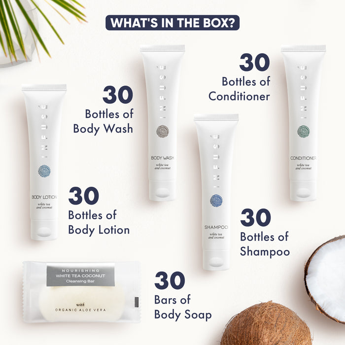 Infuse Pure White Tea and Coconut Hotel Soaps and Toiletries Bulk Set | 1-Shoppe All-In-Kit for Hotels | 1oz Shampoo & Conditioner, Body Wash, Lotion & 1.25oz Bar Soap | Travel Size 150 Pieces