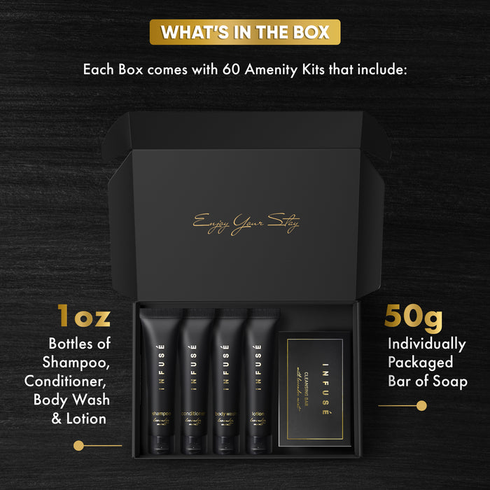 Infuse Black Amenity Kit | Boxed Hotel Toiletries | Bulk Set 1 oz Travel Size Shampoo, Conditioner, Lotion, Body Wash & Cleansing Bar for Guest Hospitality AirBnB/Vacation Rentals | 60 sets per case