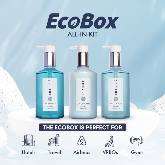 A 15 Piece EcoBox All-in-Kit of our Infuse 10.14 oz. 300 ml Bottles--6 Shampoos, 3 Conditioners, & 6 Body Washes