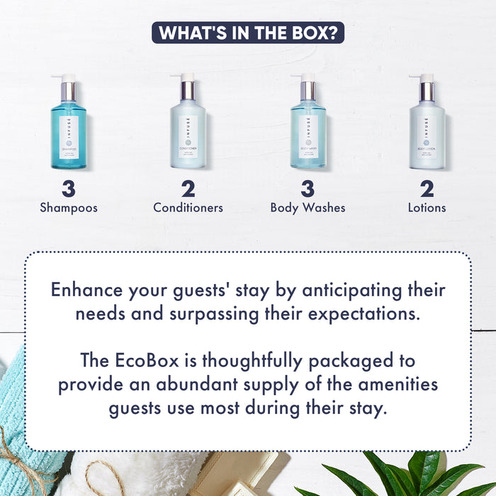 A 10 Piece EcoBox All-in-Kit of our Infuse 10.14 oz. 300 ml Bottles--3 Shampoos, 2 Conditioners, 3 Body Washes, & 2 Lotions.