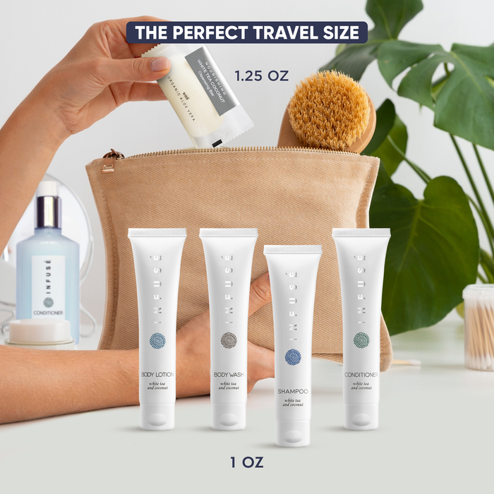 Infuse Pure White Tea and Coconut Hotel Soaps and Toiletries Bulk Set | 1-Shoppe All-In-Kit for Hotels | 1oz Shampoo & Conditioner, Body Wash, Lotion & 1.25oz Bar Soap | Travel Size 150 Pieces