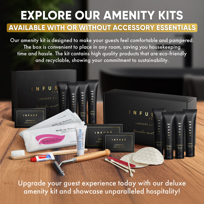 Infuse Black Amenity Kit | Boxed Hotel Toiletries | Bulk Set 1 oz Travel Size Shampoo, Conditioner, Lotion, Body Wash & Cleansing Bar for Guest Hospitality AirBnB/Vacation Rentals | 60 sets per case