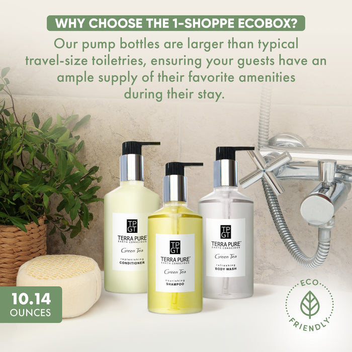 A 15 Piece EcoBox All-in-Kit of our Terra Pure Green Tea 10.14 oz. 300 ml Bottles--6 Shampoos, 3 Conditioners, & 6 Body Washes
