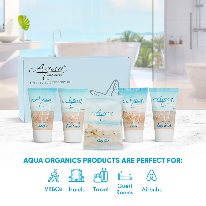 Aqua Organics Amenity & Accessory Kit | 1 oz Travel Size Shampoo, Conditioner, Lotion, Body Wash, Body Bar, Cleansing Bar, Shave & Dental Sets, Make-Up Remover Wipes, & Vanity Kit | 1 set per case