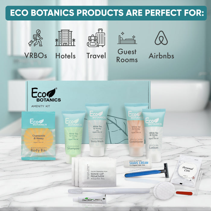 Eco Botanics Amenity & Accessory Kit | 0.85 oz Travel Size Shampoo, Conditioner, Lotion, Body Wash, Body Bar, Cleansing Bar, Shave & Dental Sets, Make-Up Remover Wipes, & Vanity Kit | 15 sets per case