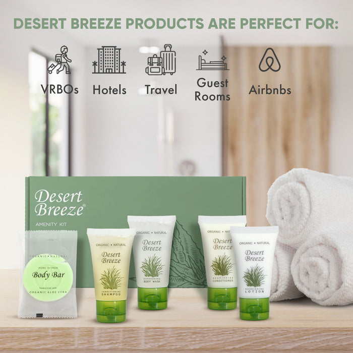 Dessert Breeze Amenity Kit | Boxed Hotel Toiletries | Bulk Set 1oz Travel Size Shampoo, Conditioner, Lotion, Body Wash & Body Bar Soap for Guest Hospitality AirBnB/Vacation Rentals | 15 sets per case