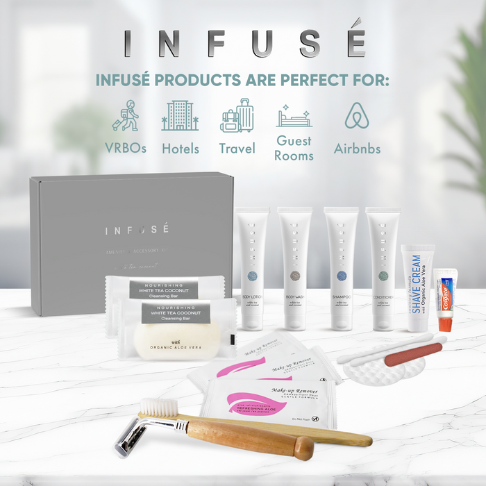 Infuse Amenity & Accessory Kit | 1 oz Travel Size Shampoo, Conditioner, Lotion, Body Wash, 2 Cleansing Bars, Shave & Dental Sets, Make-Up Remover Wipes, & Vanity Kit | 60 sets per case