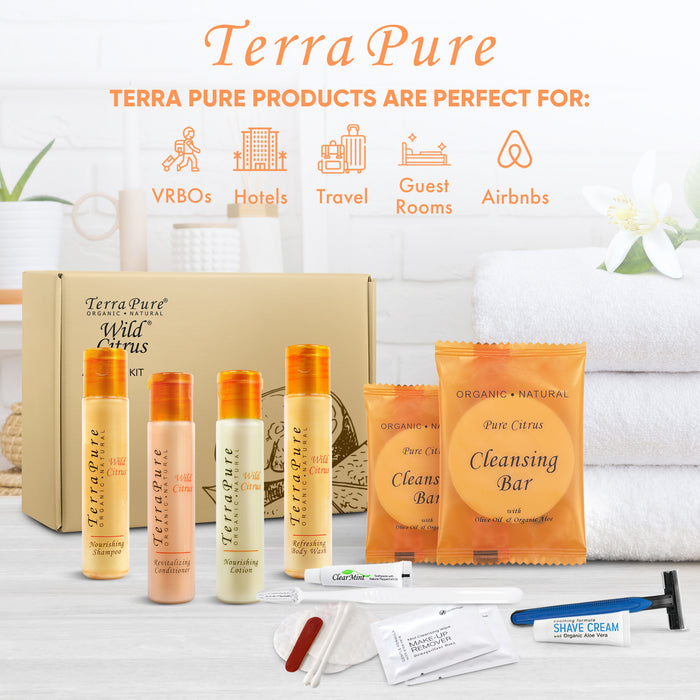 Terra Pure Amenity & Accessory Kit |1 oz Travel Size Shampoo, Conditioner, Lotion, Body Wash, 2 Cleansing Bars, Shave & Dental Sets, Make-Up Remover Wipes, & Vanity Kit | 1 set per case