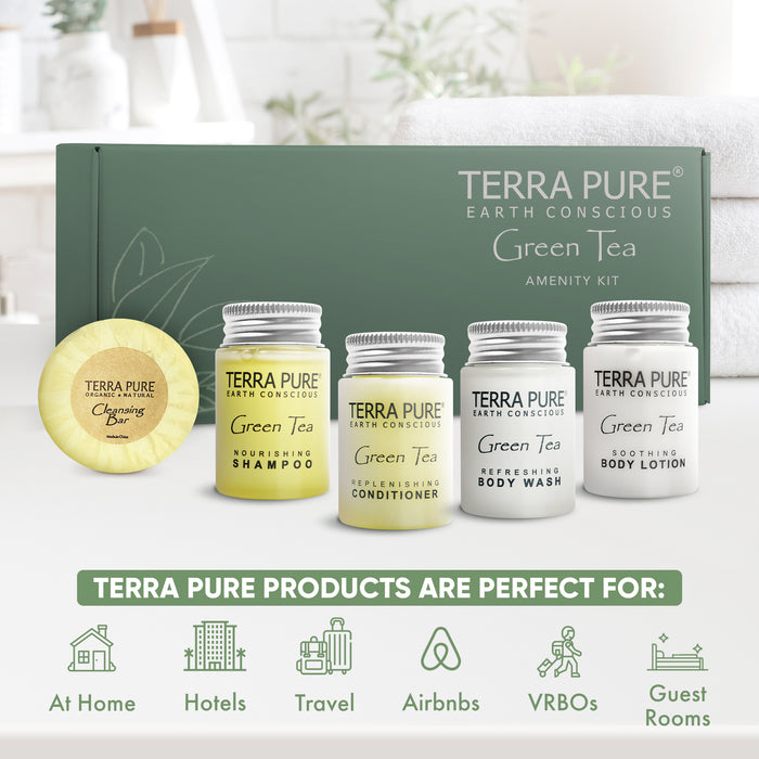 Terra Pure Gree Tea Amenity Kit | Boxed Hotel Toiletries | Bulk Set 1oz Travel Size Shampoo, Conditioner, Lotion, Body Wash & Body Bar Soap for Guest Hospitality AirBnB/Vacation Rentals | 15 sets/case