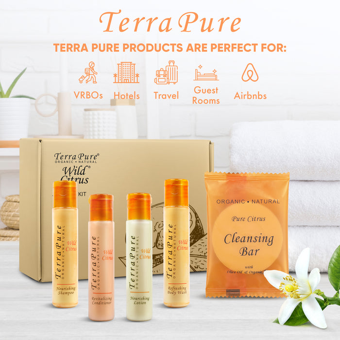 Terra Pure Amenity Kit | Boxed Hotel Toiletries | Bulk Set 1oz Travel Size Shampoo, Conditioner, Lotion, Body Wash & Cleansing Bar for Guest Hospitality AirBnB/Vacation Rentals | 60 sets per case