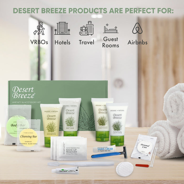 Desert Breeze Amenity & Accessory Kit | 1 oz Travel Size Shampoo, Conditioner, Lotion, Body Wash, Body Bar, Cleansing Bar, Shave & Dental Sets, Make-Up Remover Wipes, & Vanity Kit | 1 set per case